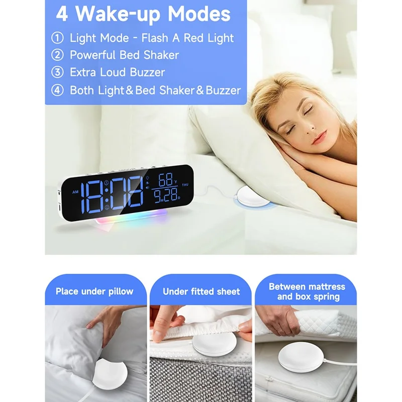 GS-G9 Dynamic RGB Large Display LED Digital Alarm Clock Calendar Desk Clock with Vibration Pad - White