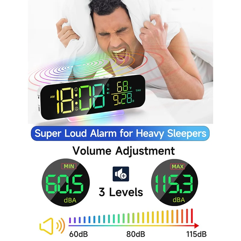 GS-G9 Dynamic RGB Large Display LED Digital Alarm Clock Calendar Desk Clock with Vibration Pad - White