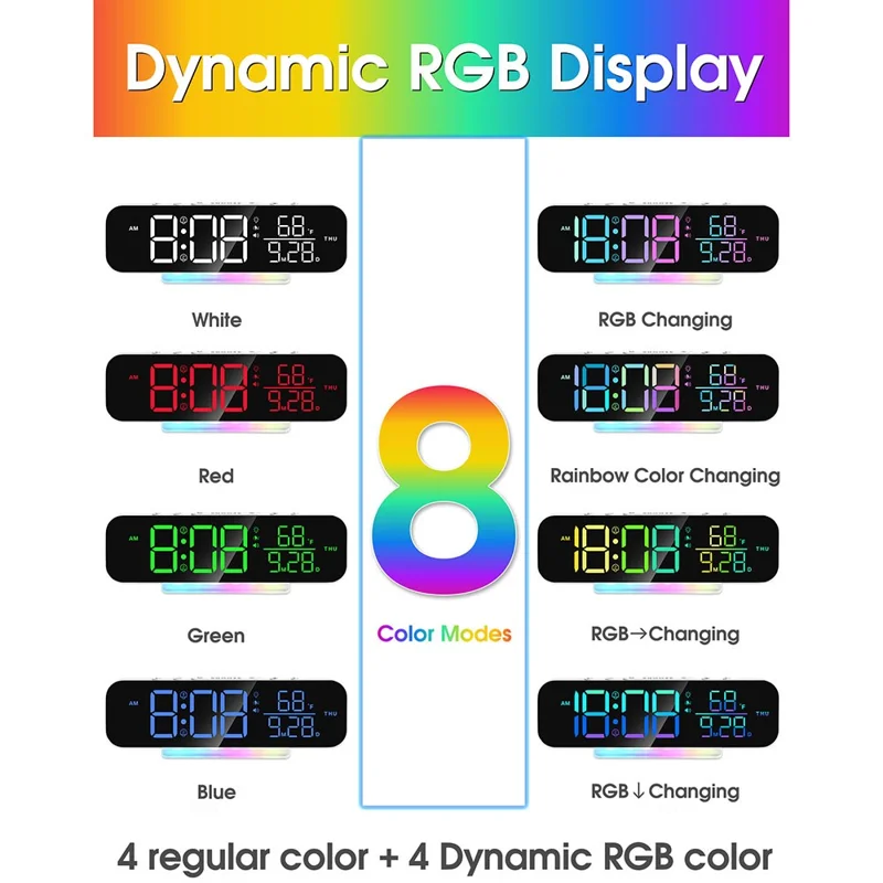 GS-G9 Dynamic RGB Large Display LED Digital Alarm Clock Calendar Desk Clock with Vibration Pad - White