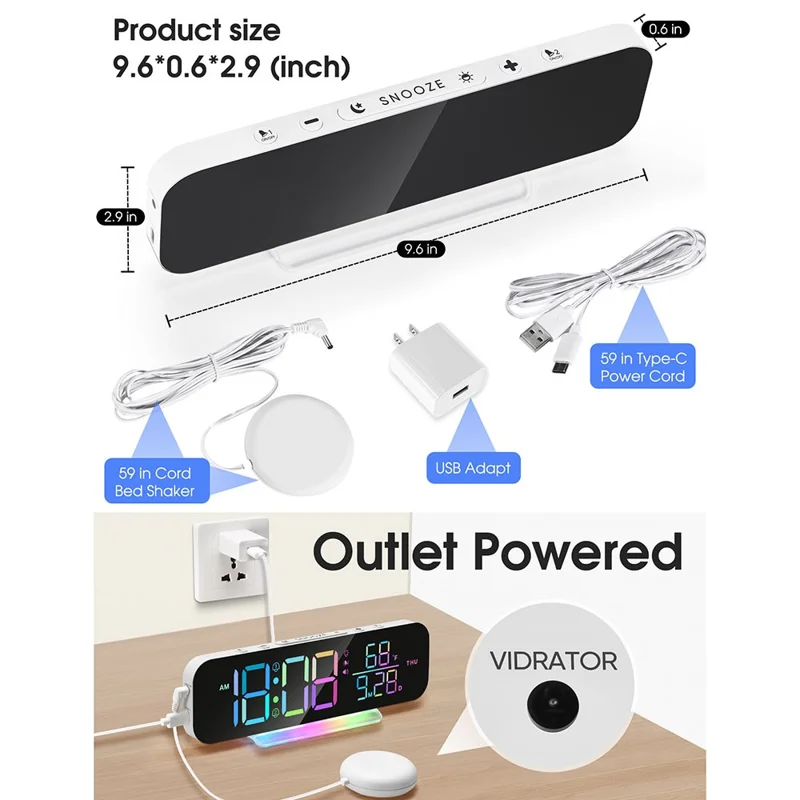 GS-G9 Dynamic RGB Large Display LED Digital Alarm Clock Calendar Desk Clock with Vibration Pad - White