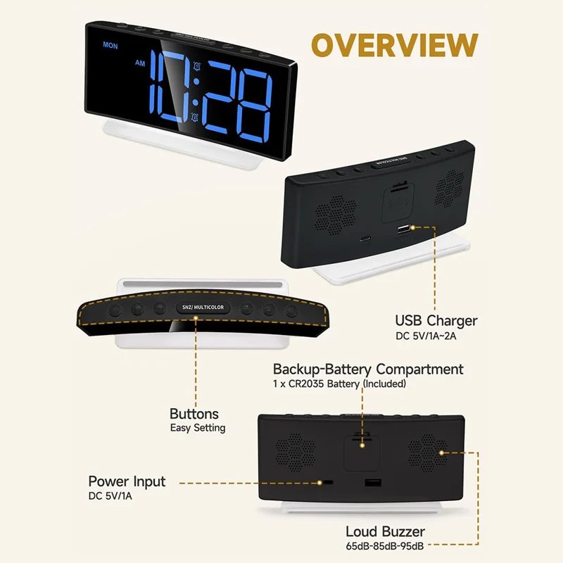 GS-G10 LED Digital Clock for Living Room TV Stand 3 Volume Levels Electronic Alarm Clock with Night Light - Black