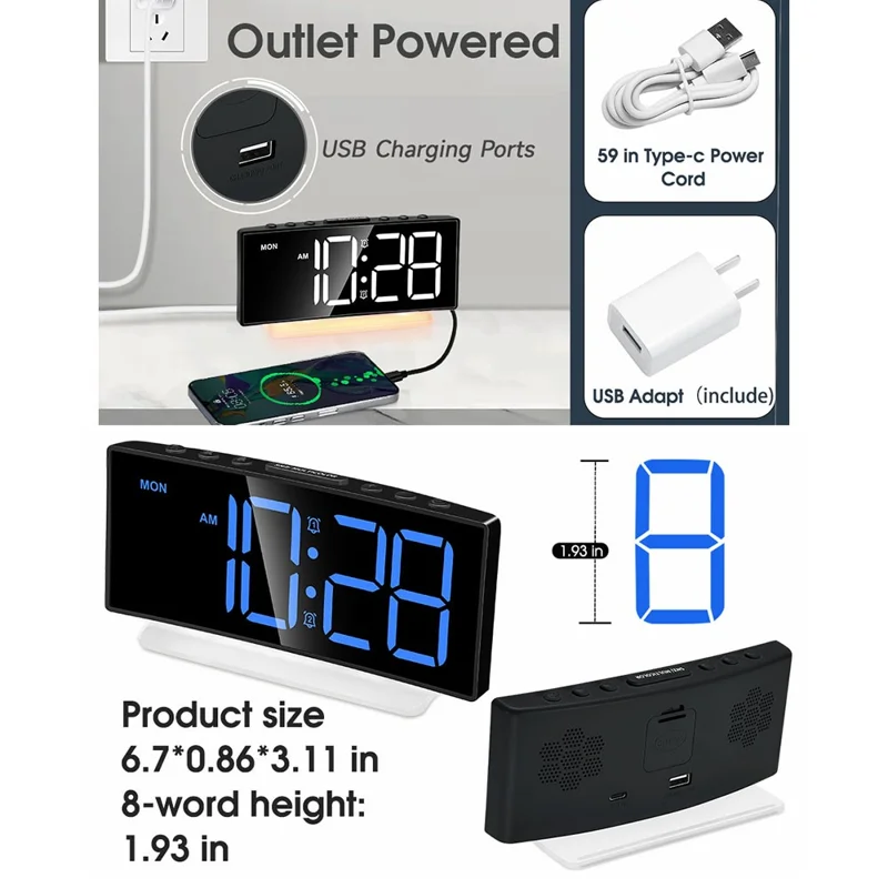 GS-G10 LED Digital Clock for Living Room TV Stand 3 Volume Levels Electronic Alarm Clock with Night Light - Black