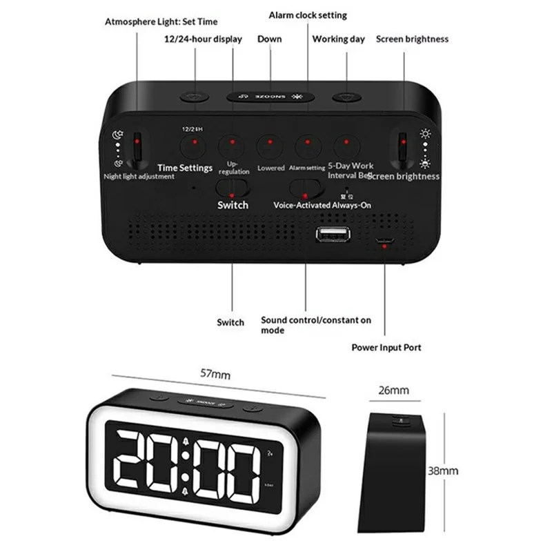 GS202-2 RGB Dynamic Color Display LED Digital Alarm Clock with Night Light Dual Brightness Control Desk Clock - Grey