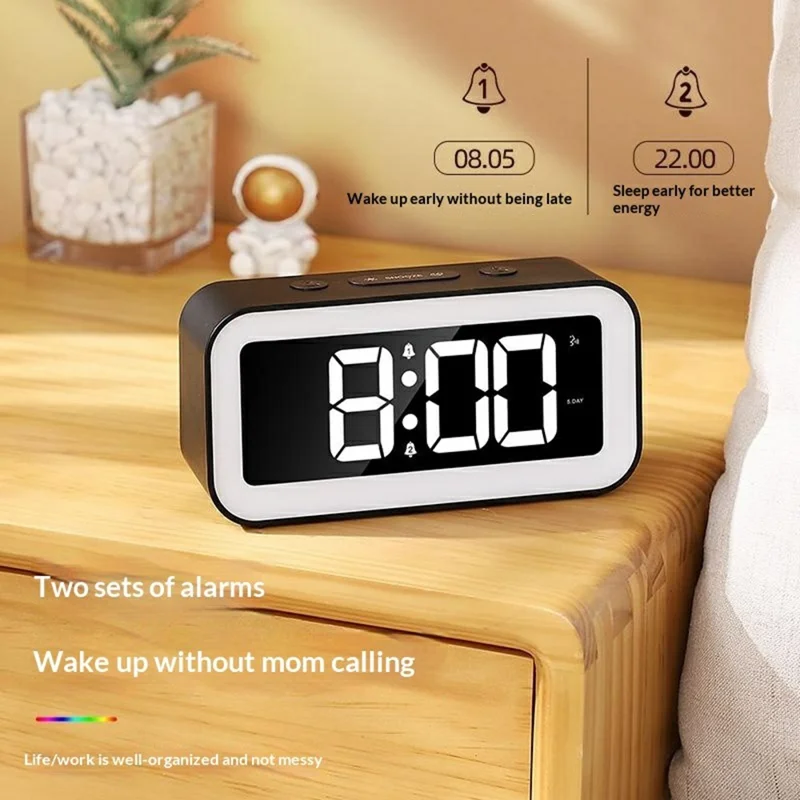 GS202-2 RGB Dynamic Color Display LED Digital Alarm Clock with Night Light Dual Brightness Control Desk Clock - Grey