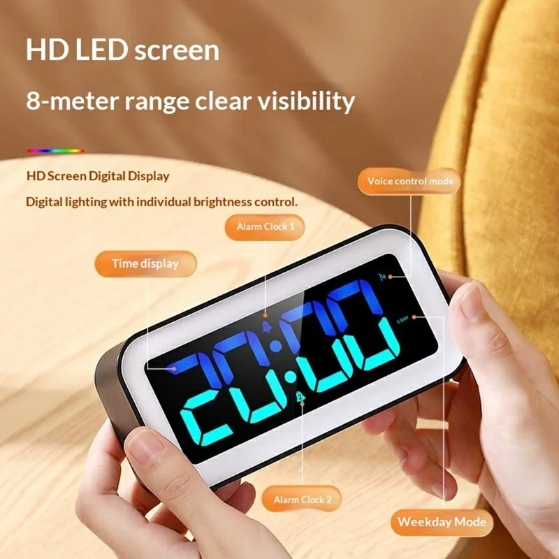 GS202-2 RGB Dynamic Color Display LED Digital Alarm Clock with Night Light Dual Brightness Control Desk Clock - Grey