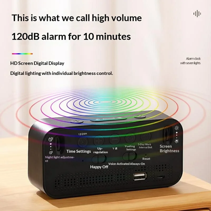 GS202-2 RGB Dynamic Color Display LED Digital Alarm Clock with Night Light Dual Brightness Control Desk Clock - Grey