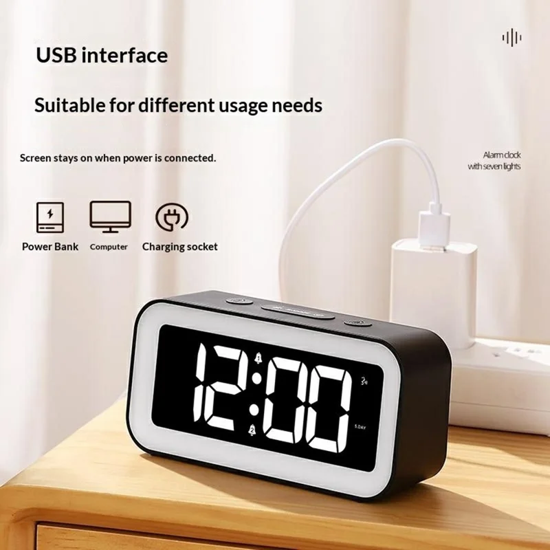 GS202-2 RGB Dynamic Color Display LED Digital Alarm Clock with Night Light Dual Brightness Control Desk Clock - Grey