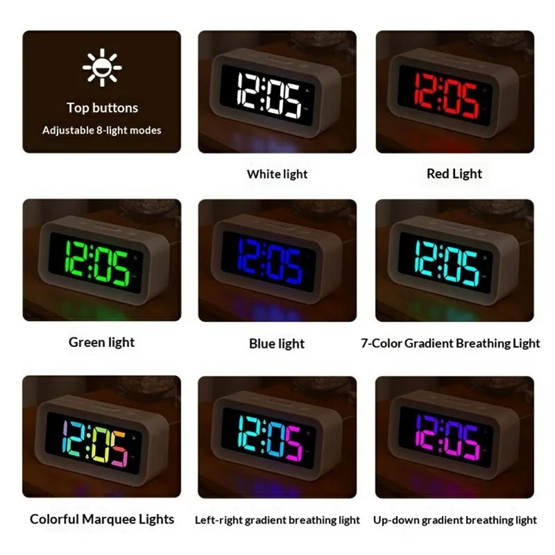 GS202-2 RGB Dynamic Color Display LED Digital Alarm Clock with Night Light Dual Brightness Control Desk Clock - Grey