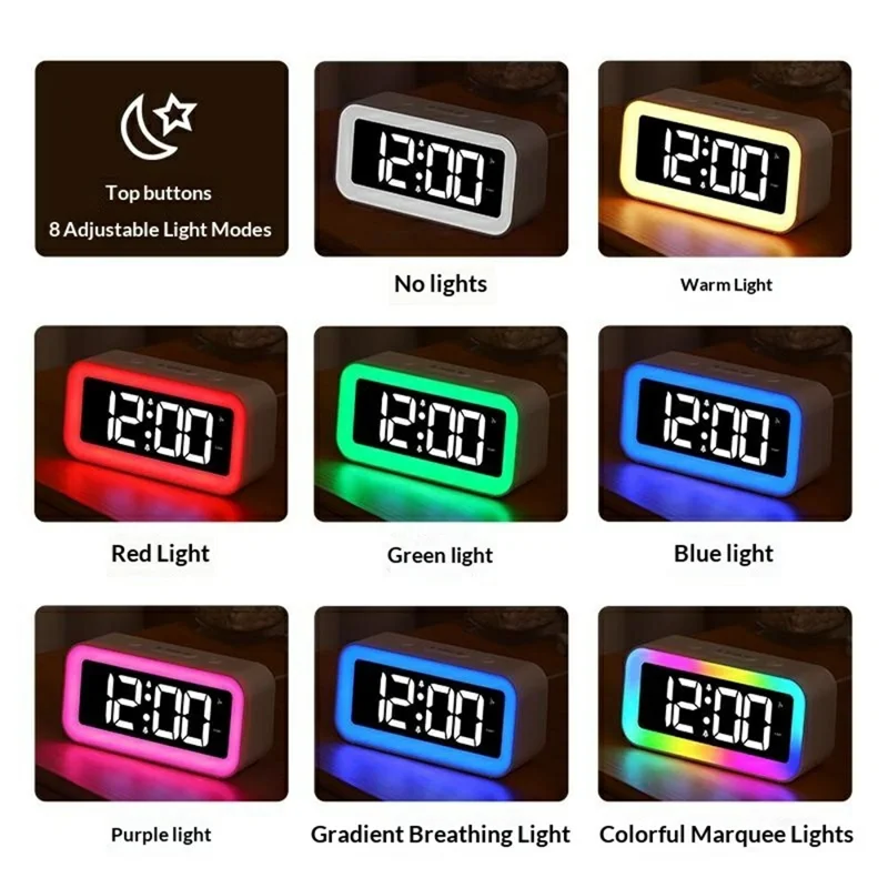 GS202-2 RGB Dynamic Color Display LED Digital Alarm Clock with Night Light Dual Brightness Control Desk Clock - Grey