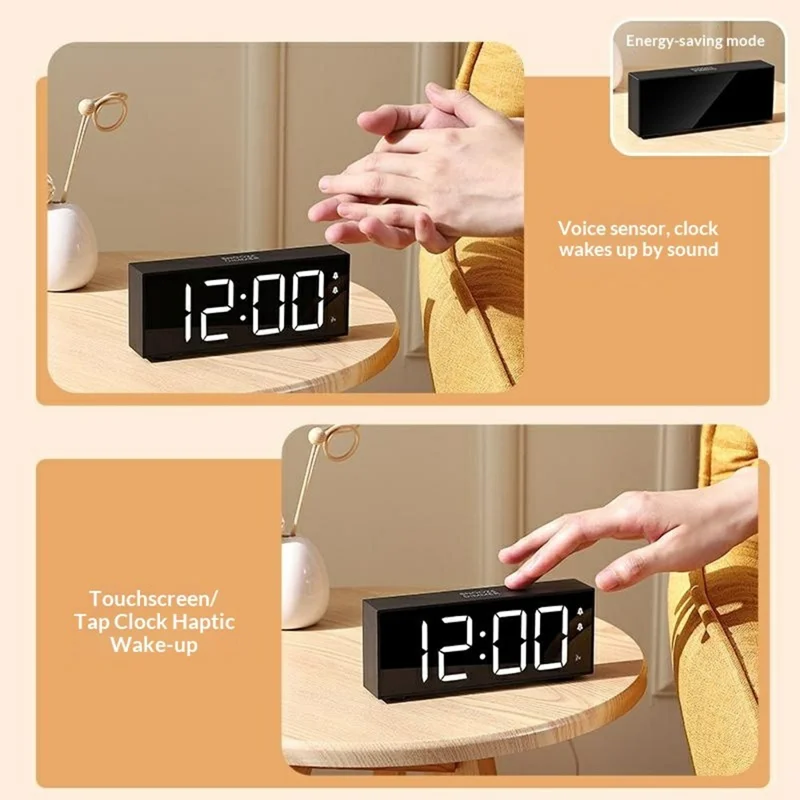 GS-8813 LED Digital Alarm Clock Large Display Temperature Monitor Voice Activated Bedside Clock with RGB Light - Black