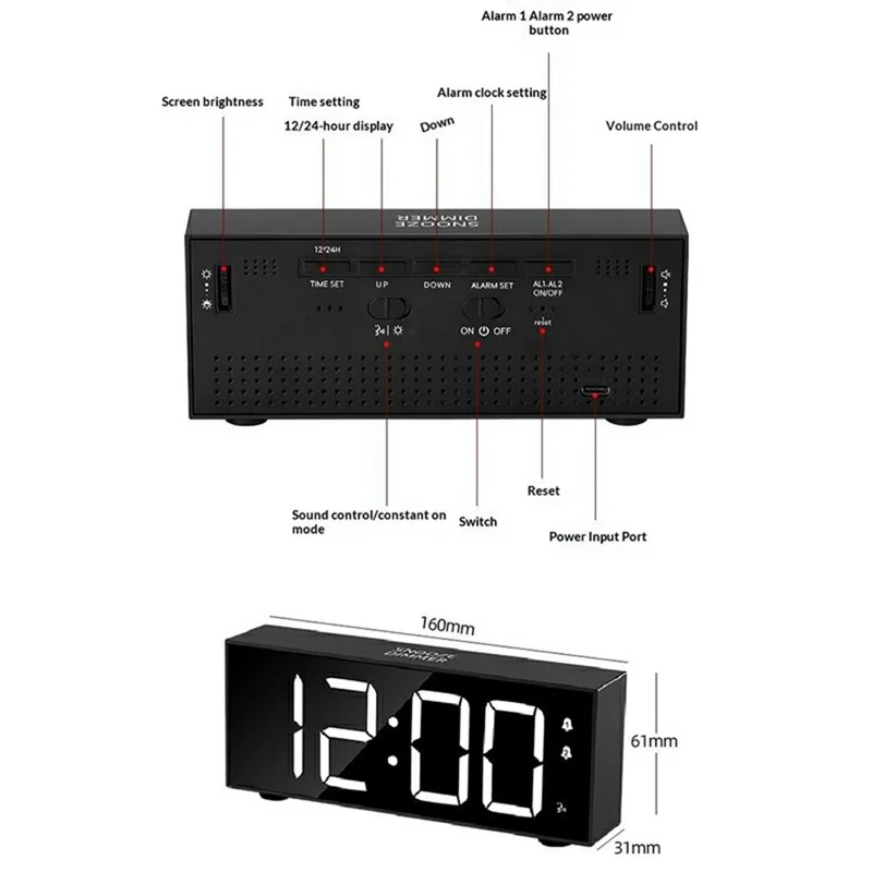 GS-8813 LED Digital Alarm Clock Large Display Temperature Monitor Voice Activated Bedside Clock with RGB Light - Black