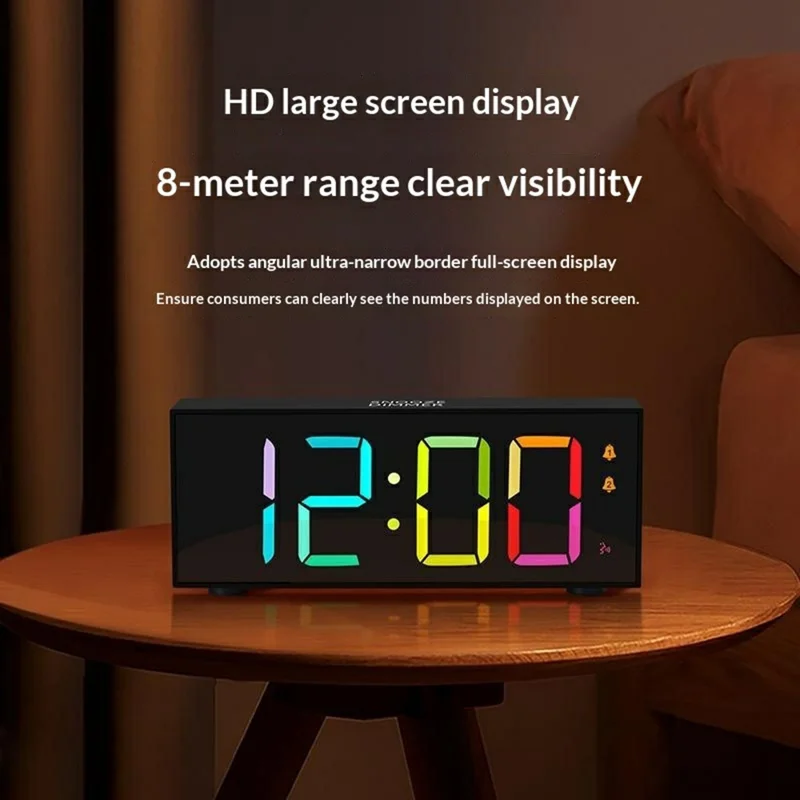 GS-8813 LED Digital Alarm Clock Large Display Temperature Monitor Voice Activated Bedside Clock with RGB Light - Black