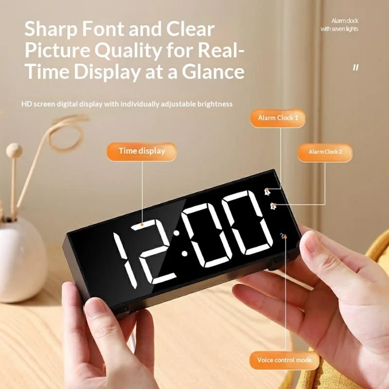 GS-8813 LED Digital Alarm Clock Large Display Temperature Monitor Voice Activated Bedside Clock with RGB Light - Black