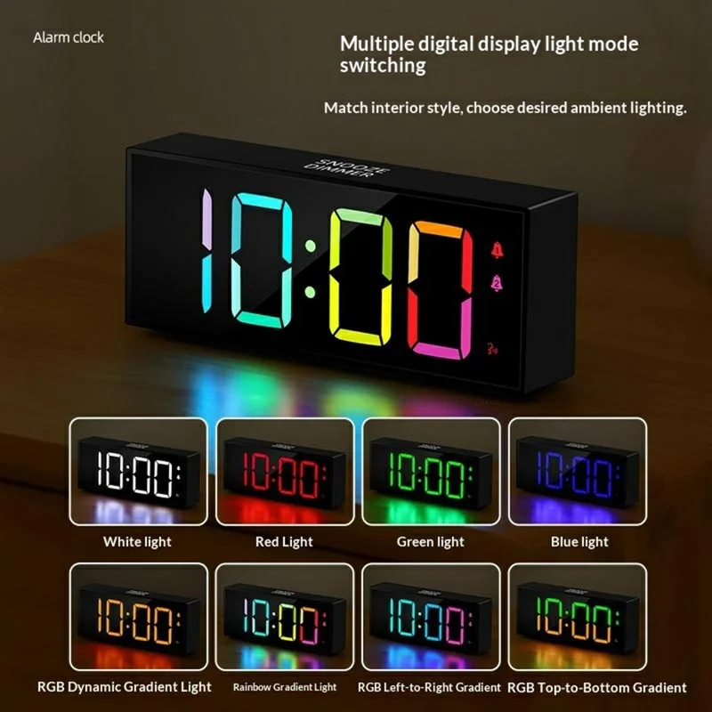 GS-8813 LED Digital Alarm Clock Large Display Temperature Monitor Voice Activated Bedside Clock with RGB Light - Black