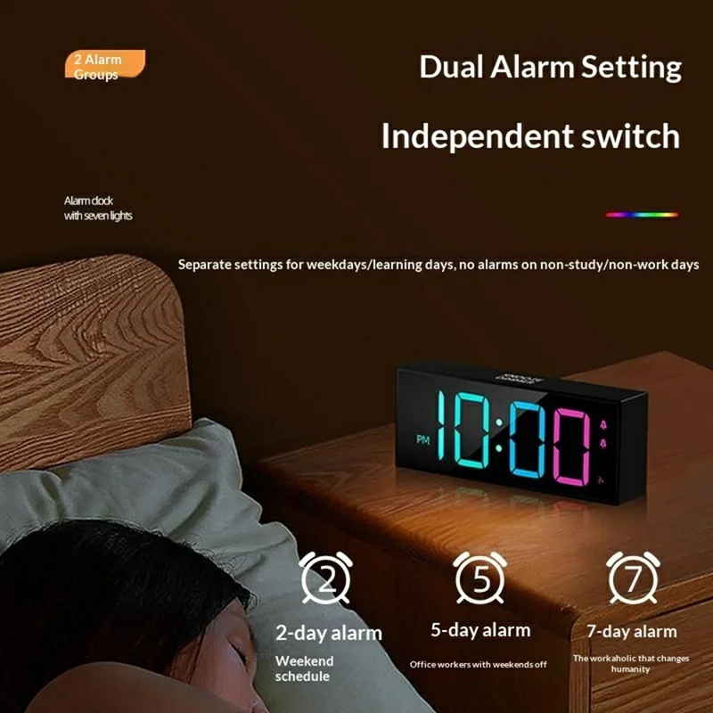 GS-8813 LED Digital Alarm Clock Large Display Temperature Monitor Voice Activated Bedside Clock with RGB Light - Black