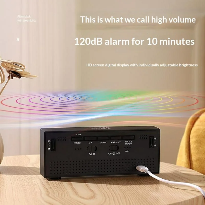 GS-8813 LED Digital Alarm Clock Large Display Temperature Monitor Voice Activated Bedside Clock with RGB Light - Black