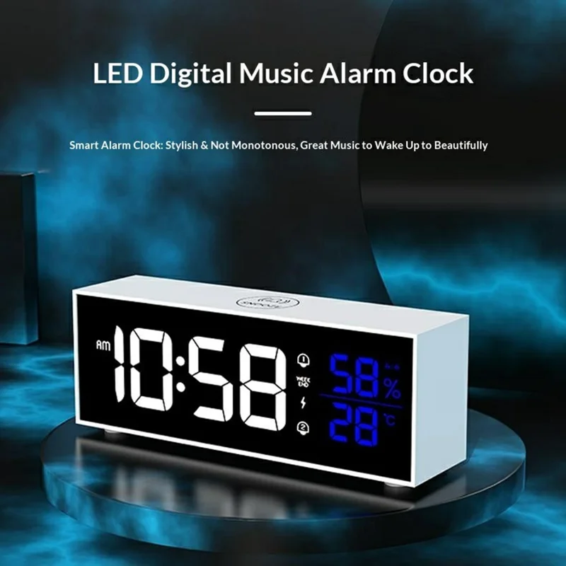 GS-8812 Multi-function Music Alarm Clock Mirror Display LED Digital Indoor Thermometer Hygrometer - White