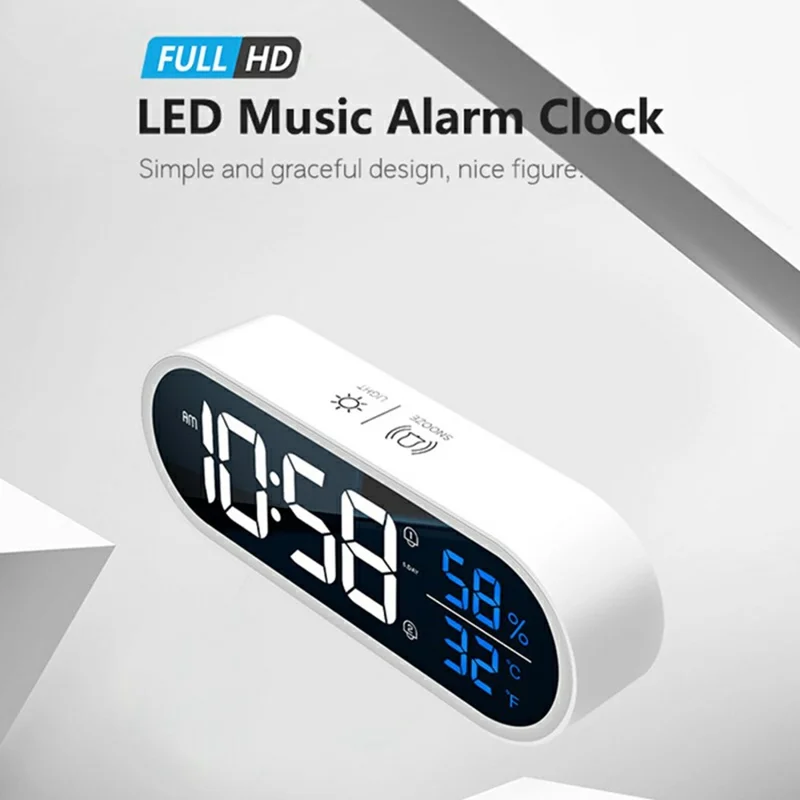GS-8811 LED Mirror Alarm Clock Digital Display Thermometer Hygrometer Smart Music Clock - White
