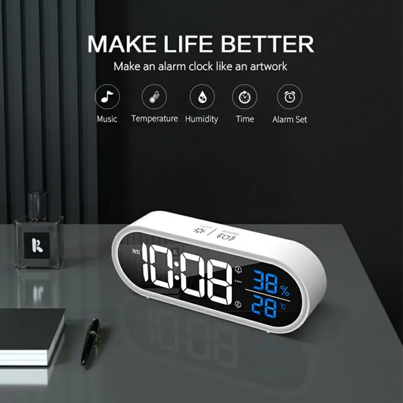 GS-8811 LED Mirror Alarm Clock Digital Display Thermometer Hygrometer Smart Music Clock - White
