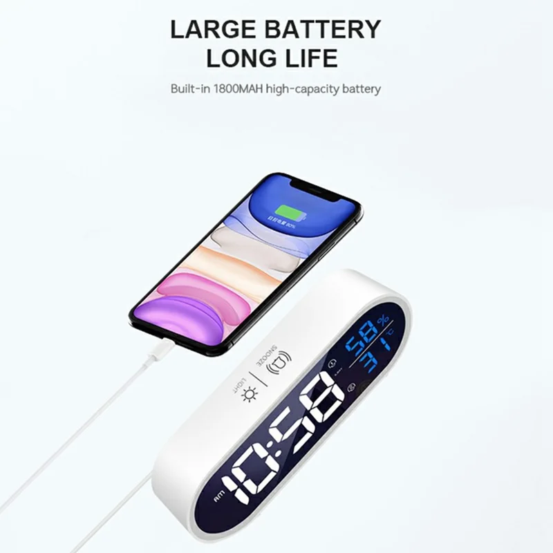 GS-8811 LED Mirror Alarm Clock Digital Display Thermometer Hygrometer Smart Music Clock - White