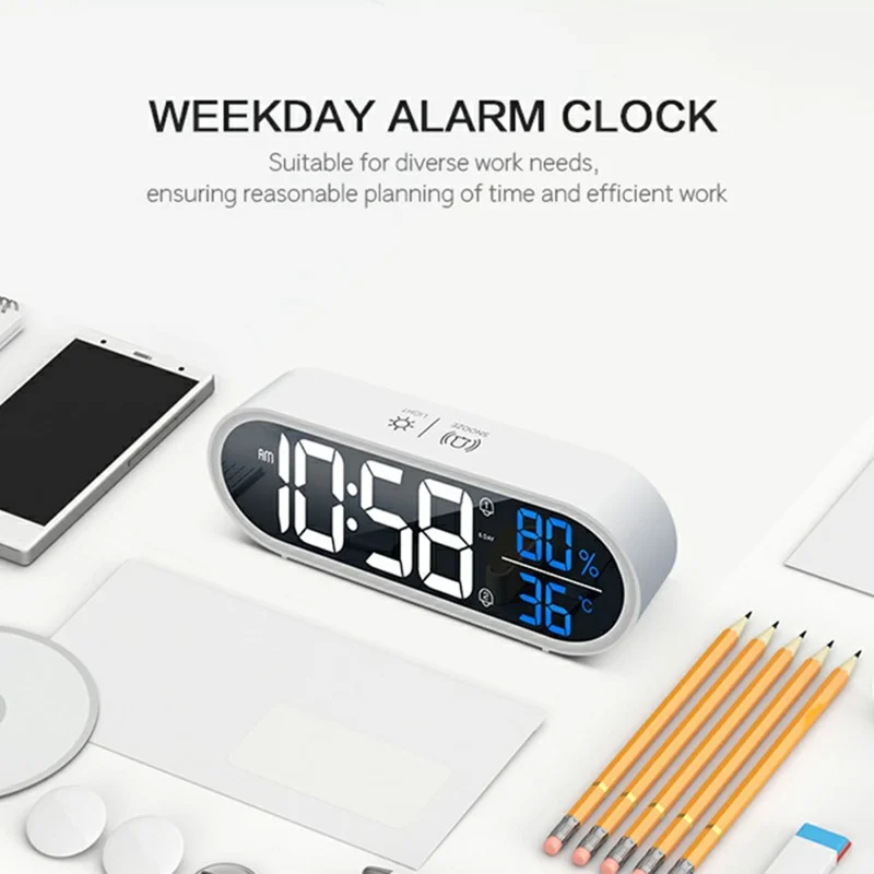 GS-8811 LED Mirror Alarm Clock Digital Display Thermometer Hygrometer Smart Music Clock - White