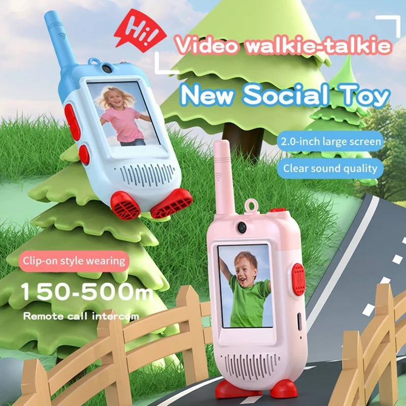 LK-028 1 Pair 2.0 Inch HD Screen Video Intercom Walkie Talkie for Kids Clip On 2.4G Wireless Communication Device - Pink+Blue