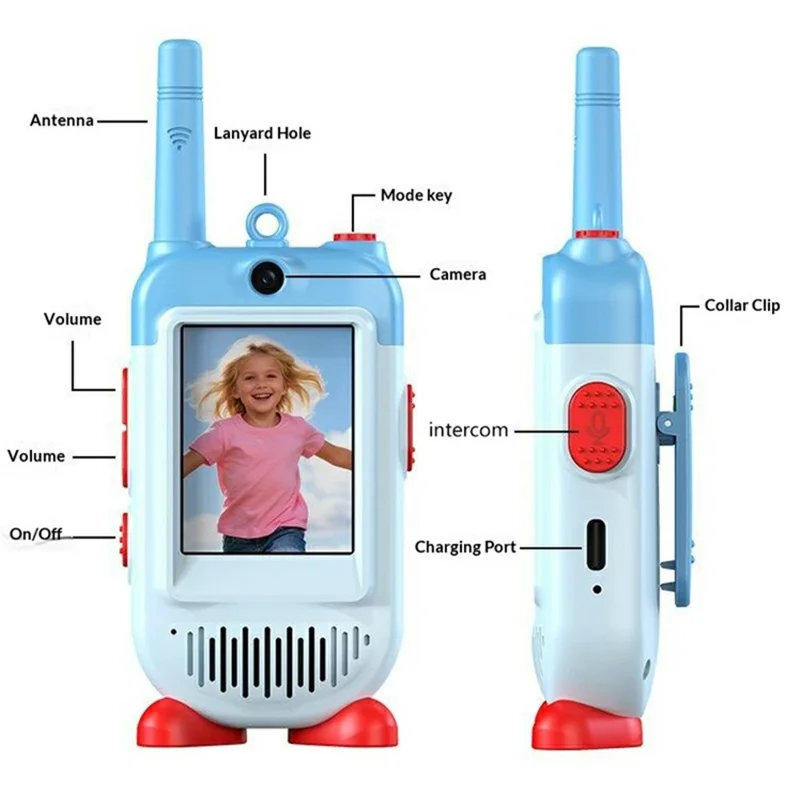 LK-028 1 Pair 2.0 Inch HD Screen Video Intercom Walkie Talkie for Kids Clip On 2.4G Wireless Communication Device - Pink+Blue