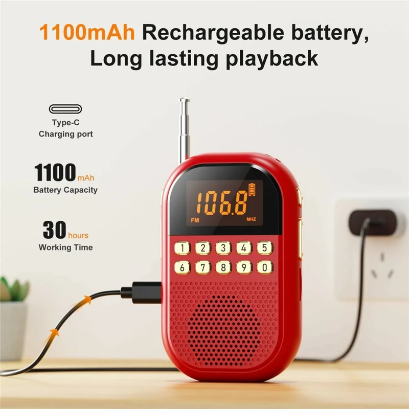 MI04 Mini Radio Portable Loudspeaker Support BT / FM AM Receiver  /  Stereo Headphones  /  Sleep Timer for Outdoor - Red