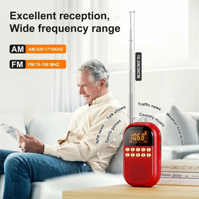 MI04 Mini Radio Portable Loudspeaker Support BT / FM AM Receiver  /  Stereo Headphones  /  Sleep Timer for Outdoor - Red