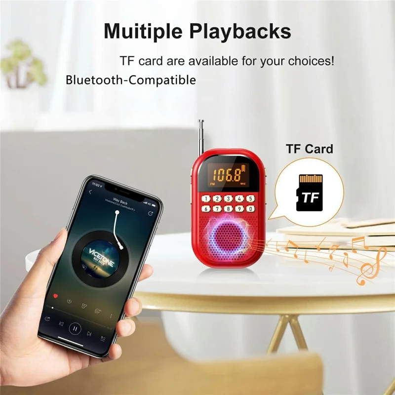 MI04 Mini Radio Portable Loudspeaker Support BT / FM AM Receiver  /  Stereo Headphones  /  Sleep Timer for Outdoor - Red