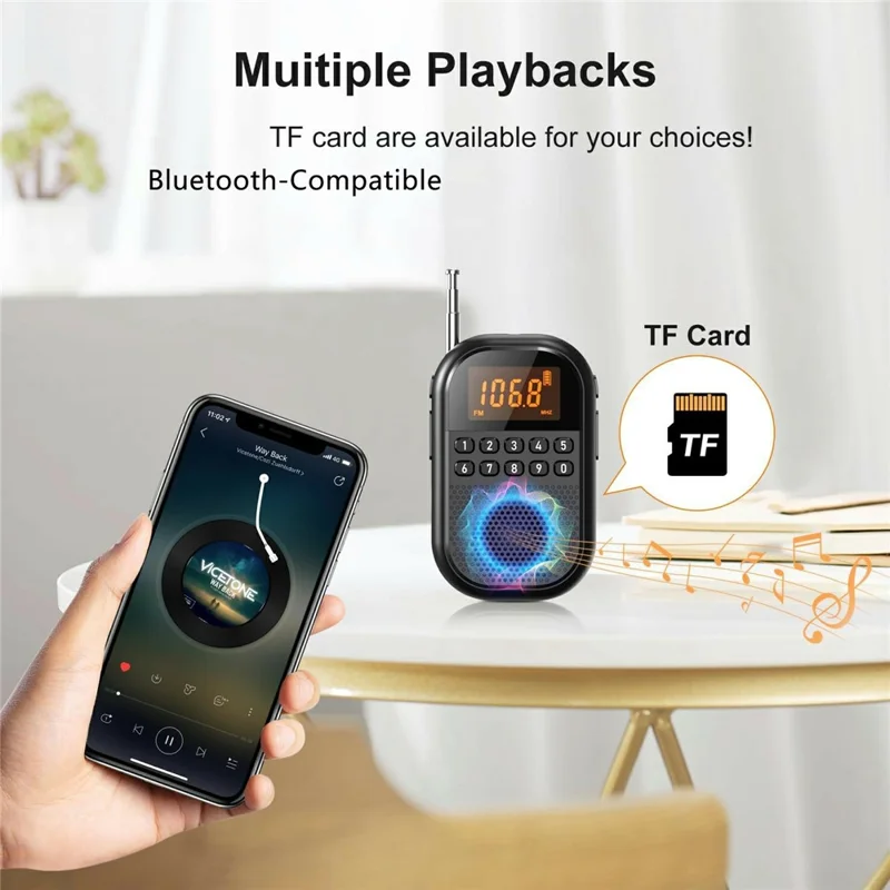 MI04 Mini Radio Portable Loudspeaker Support BT / FM AM Receiver  /  Stereo Headphones  /  Sleep Timer for Outdoor - Black