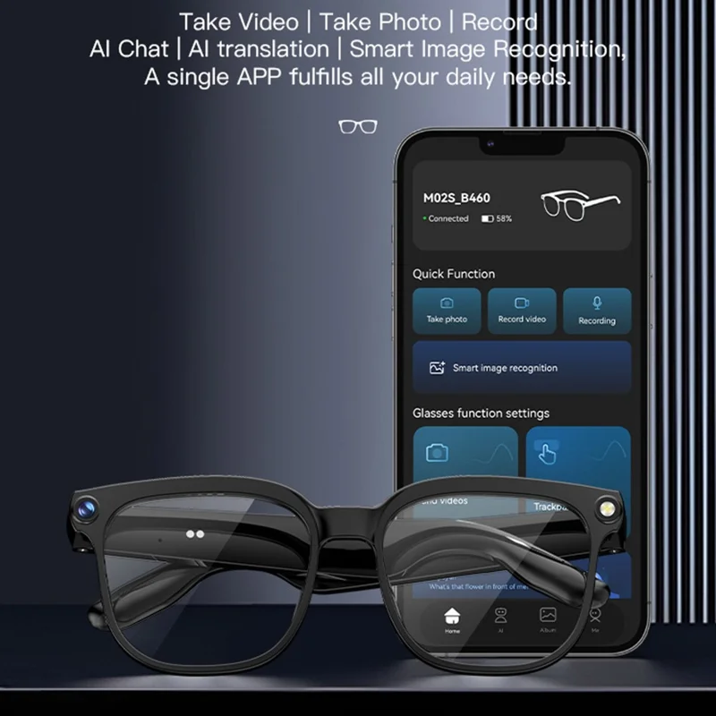 M02S AI Translation Smart Glasses with Camera IP65 Waterproof Video Recording Music Eyeglasses - Plano Lens