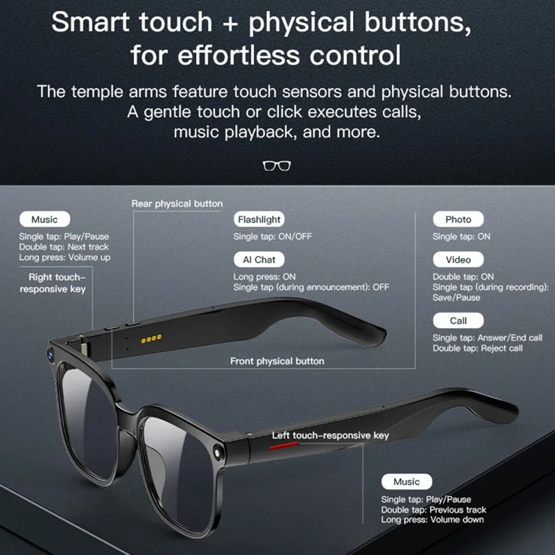 M02S AI Translation Smart Glasses with Camera IP65 Waterproof Video Recording Music Eyeglasses - Plano Lens