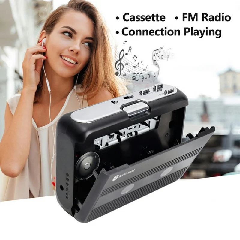 TONIVENT TON007B Kassetteafspiller Bluetooth-kompatibel FM-radio Mini bærbar båndafspiller med 3,5 mm hovedtelefonstik - Sort