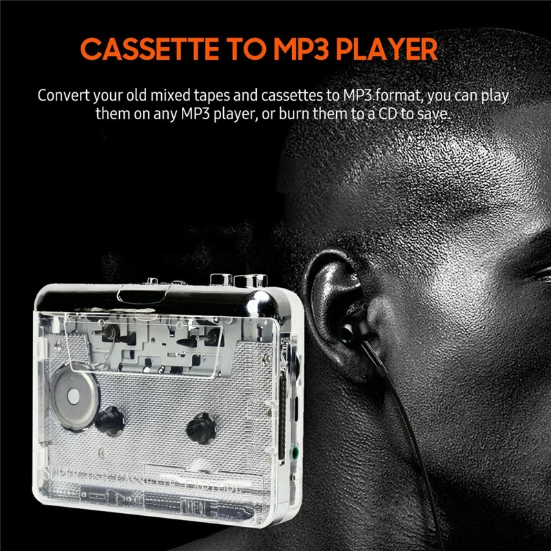 TON010 Portable Cassette Player Tape to MP3 Audio Converter with 3.5mm Headphone Jack - Transparent