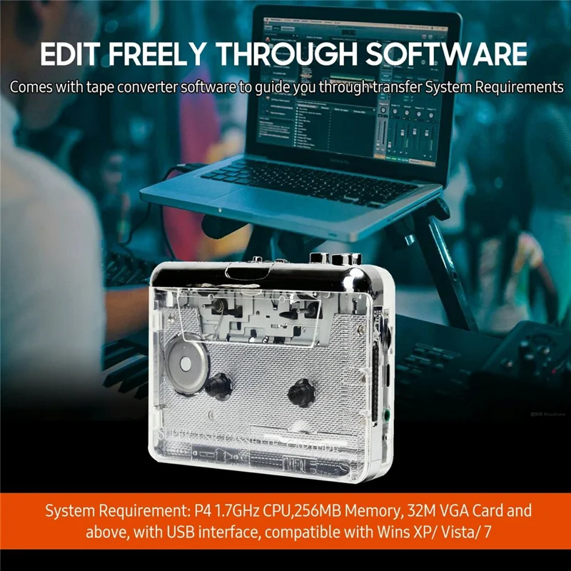 TON010 Portable Cassette Player Tape to MP3 Audio Converter with 3.5mm Headphone Jack - Transparent