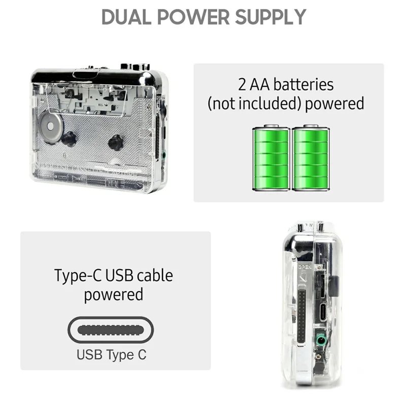 TON010 Portable Cassette Player Tape to MP3 Audio Converter with 3.5mm Headphone Jack - Transparent