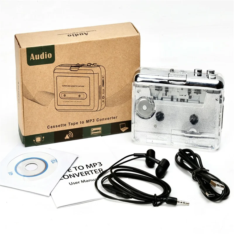 TON010 Portable Cassette Player Tape to MP3 Audio Converter with 3.5mm Headphone Jack - Transparent