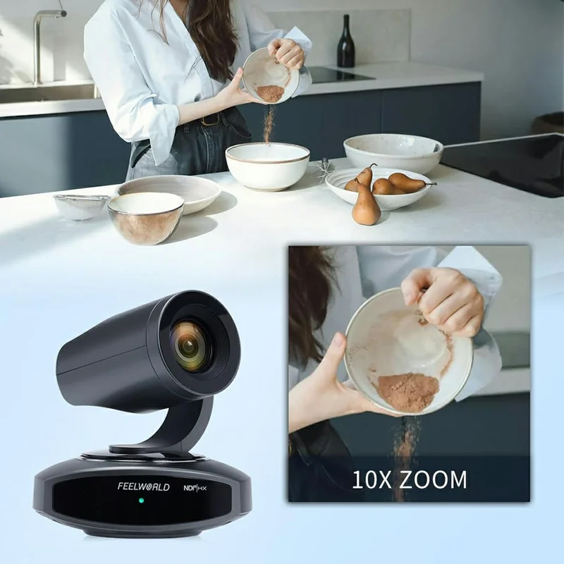 FEELWORLD NDI10X 10X Optical Zoom PTZ Camera 4K UHD AI Auto Tracking with PoE Support HDMI / USB / IP Output - US Plug