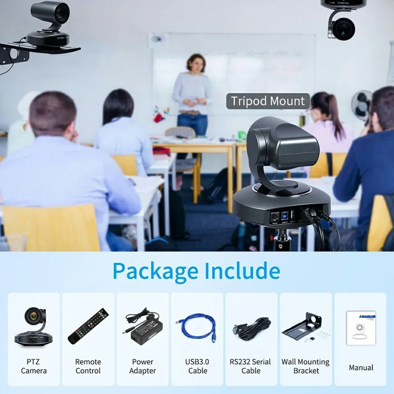 FEELWORLD NDI10X 10X Optical Zoom PTZ Camera 4K UHD AI Auto Tracking with PoE Support HDMI / USB / IP Output - US Plug