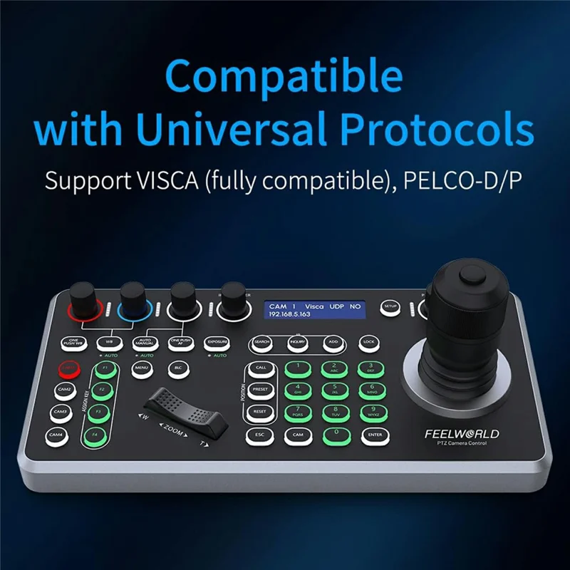 FEELWORLD KBC20 PTZ Camera Controller Precise Joystick Control Multiple Protocol PoE Powered Console - US Plug