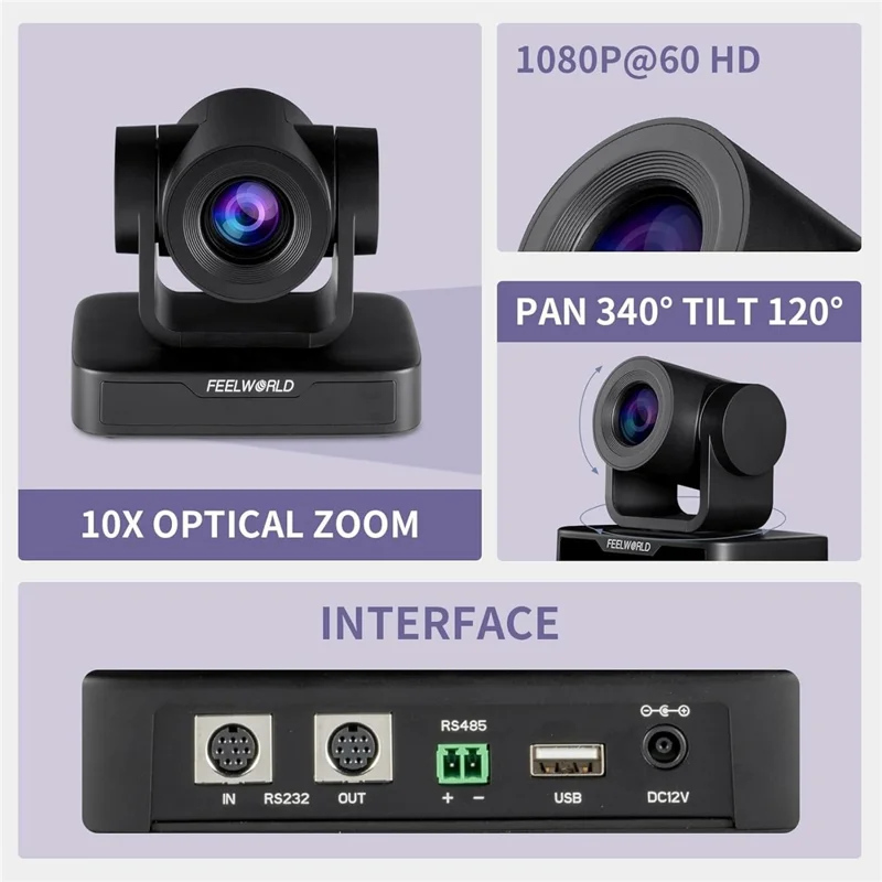 FEELWORLD USB10X PTZ Video Conference Camera 10X Optical Zoom USB2.0 Auto Focus AI Tracking Camera - US Plug