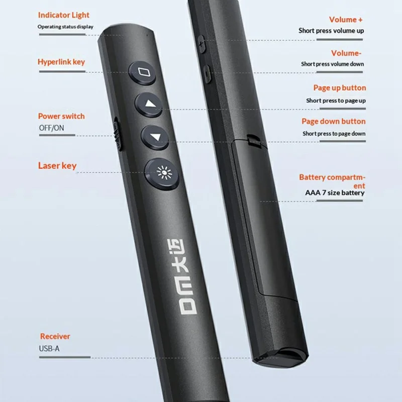 Stylo-pointeur DM PT001S avec télécommande sans fil pour présentation PPT, fonction lien hypertexte - Noir