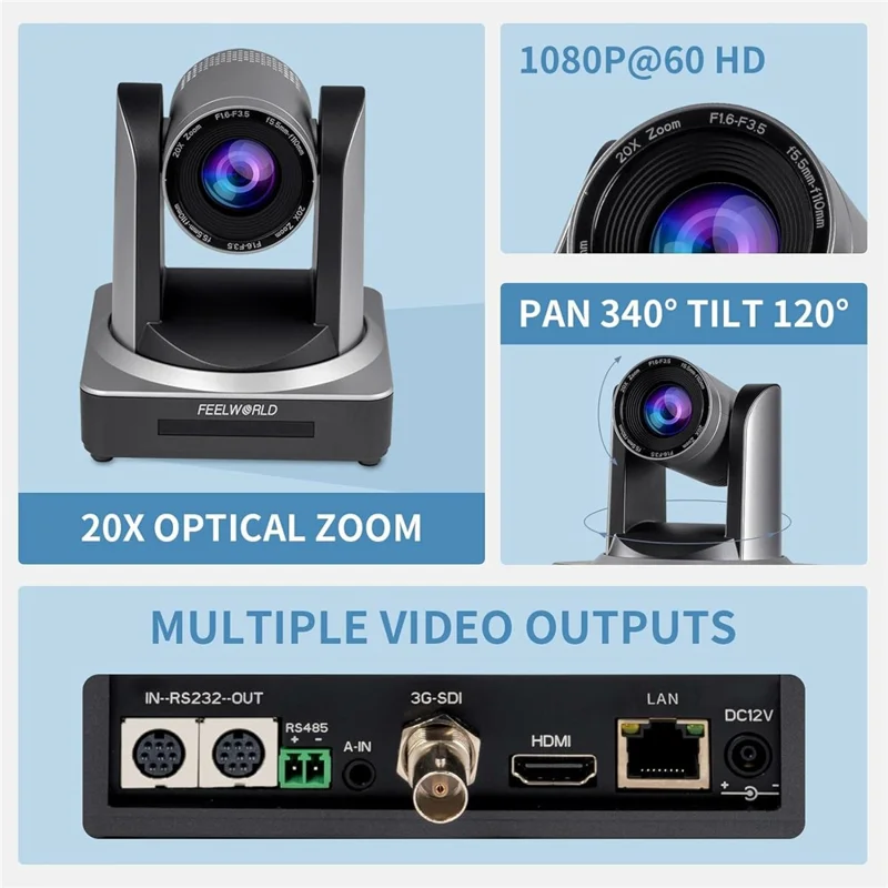 FEELWORLD POE20X 20X Zoom Camera Simultaneous USB HD 3G-SDI LAN Live Streaming PTZ Camera, PoE Supported - EU Plug
