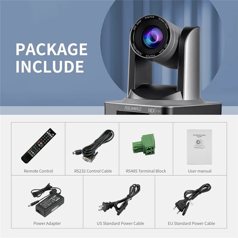 FEELWORLD NDI20X 20X optisk zoom PTZ-kamera med simultan USB NDI HD 3G-SDI direkteudsendelseskamera - EU-stik