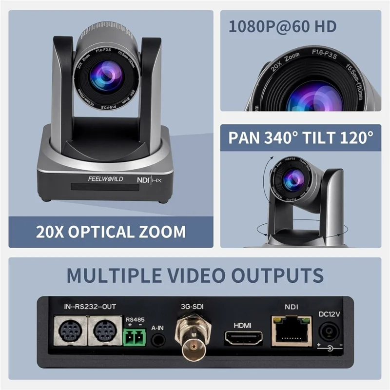 FEELWORLD NDI20X 20X optisk zoom PTZ-kamera med simultan USB NDI HD 3G-SDI direkteudsendelseskamera - EU-stik