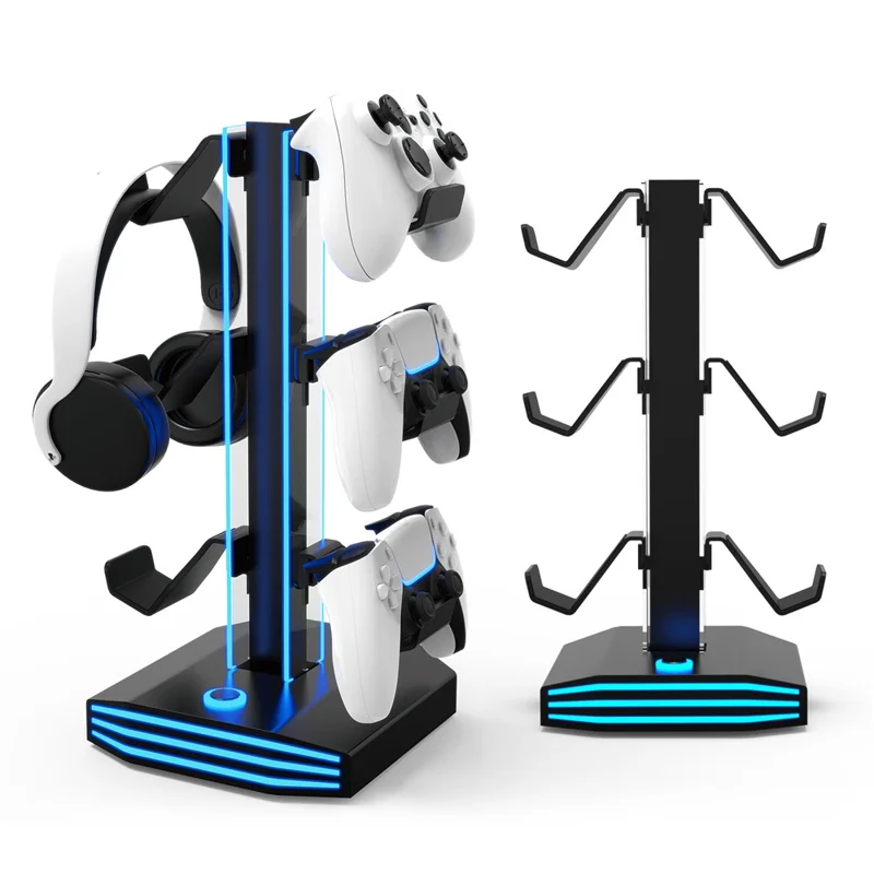 8006S USB Hub Game Controller Holder Control Handle Headphone Storage Stand with 9 RGB Light - Black