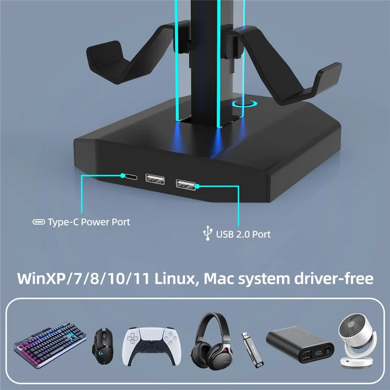 8006S USB Hub Game Controller Holder Control Handle Headphone Storage Stand with 9 RGB Light - Black