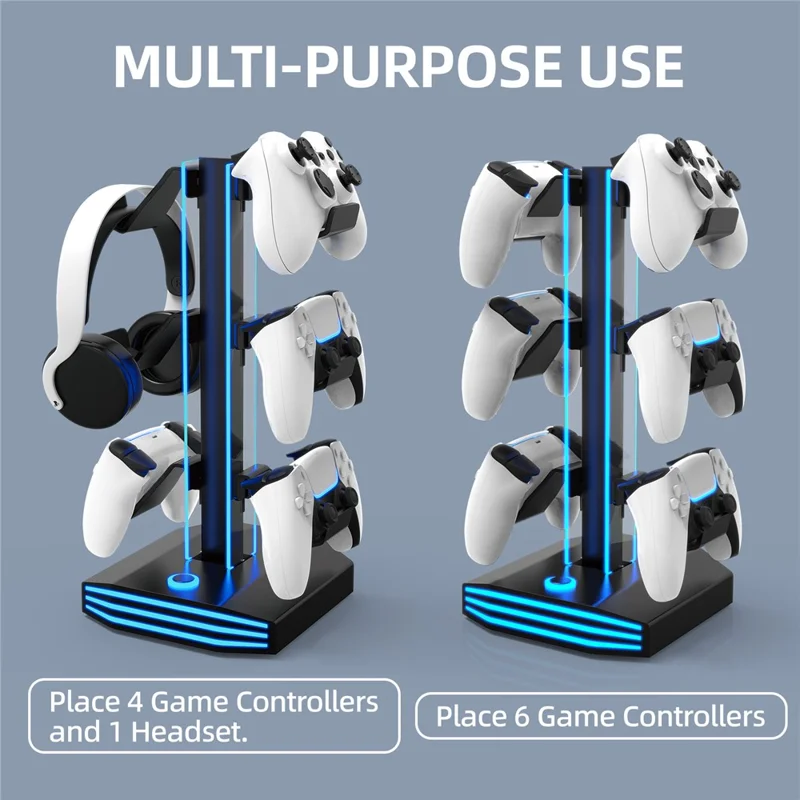 8006S USB Hub Game Controller Holder Control Handle Headphone Storage Stand with 9 RGB Light - Black