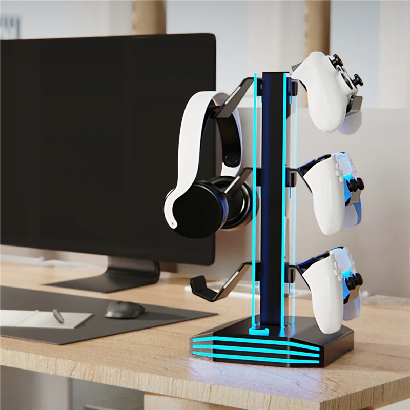 8006S USB Hub Game Controller Holder Control Handle Headphone Storage Stand with 9 RGB Light - Black